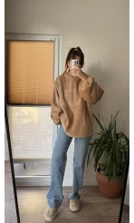 Cepli Peluş Uzun Kapüşonlu Sweatshirt Camel