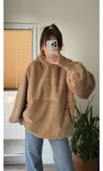 Cepli Peluş Uzun Kapüşonlu Sweatshirt Camel