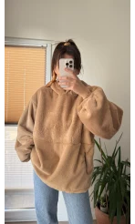 Cepli Peluş Uzun Kapüşonlu Sweatshirt Camel