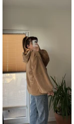 Cepli Peluş Uzun Kapüşonlu Sweatshirt Camel