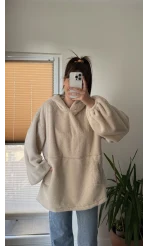 Cepli Peluş Uzun Kapüşonlu Sweatshirt Krem