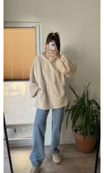 Cepli Peluş Uzun Kapüşonlu Sweatshirt Krem