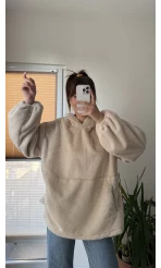 Cepli Peluş Uzun Kapüşonlu Sweatshirt Krem