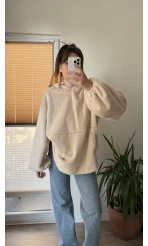 Cepli Peluş Uzun Kapüşonlu Sweatshirt Krem