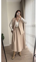 Cepli Pileli Uzun Etek Kemer Dahil Krem