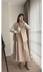 Cepli Pileli Uzun Etek Kemer Dahil Krem