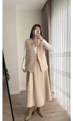 Cepli Pileli Uzun Etek Kemer Dahil Krem