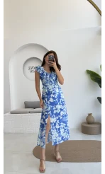 Çiçek Desenli Elbise - 3064 - Mavi