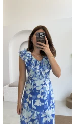 Çiçek Desenli Elbise - 3064 - Mavi