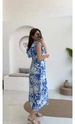 Çiçek Desenli Elbise - 3064 - Mavi