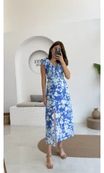 Çiçek Desenli Elbise - 3064 - Mavi