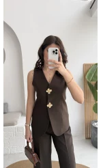 Çiçek Düğmeli Yelek Takım - Acı Kahve - Kod: 8888
