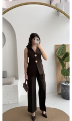 Çiçek Düğmeli Yelek Takım - Acı Kahve - Kod: 8888