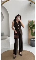 Çiçek Düğmeli Yelek Takım - Acı Kahve - Kod: 8888