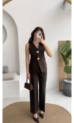 Çiçek Düğmeli Yelek Takım - Acı Kahve - Kod: 8888