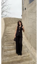 Çiçek Düğmeli Yelek Takım - Siyah - Kod: 8888