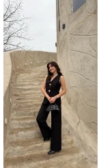 Çiçek Düğmeli Yelek Takım - Siyah - Kod: 8888