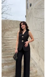 Çiçek Düğmeli Yelek Takım - Siyah - Kod: 8888