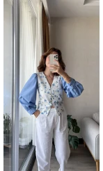 Çiçekli Balon Kol Gömlek Mavi