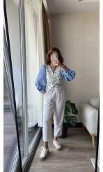 Çiçekli Balon Kol Gömlek Mavi