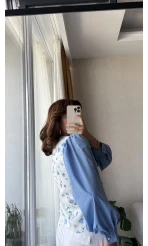 Çiçekli Balon Kol Gömlek Mavi