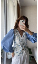 Çiçekli Balon Kol Gömlek Mavi