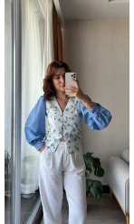 Çiçekli Balon Kol Gömlek Mavi