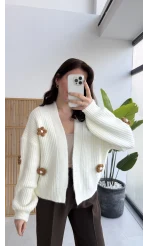 Çiçekli Hırka Ekru