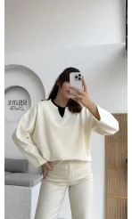 Çift Katman Görünümlü Sweat - Ekru - Kod: 1052