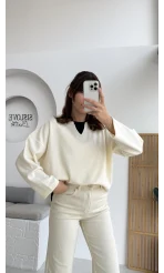 Çift Katman Görünümlü Sweat - Ekru - Kod: 1052