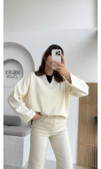 Çift Katman Görünümlü Sweat - Ekru - Kod: 1052