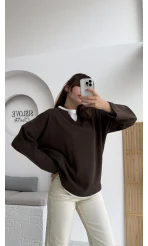 Çift Katman Görünümlü Sweat - Kahverengi - Kod: 1052