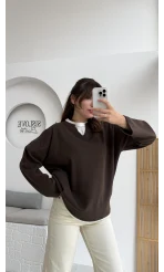 Çift Katman Görünümlü Sweat - Kahverengi - Kod: 1052