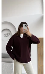 Çift Katman Görünümlü Sweat - Mürdüm - Kod: 1052