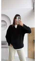 Çift Katman Görünümlü Sweat - Siyah - Kod: 1052