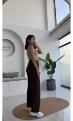 Çift Pile Detay Kemerli Örme Pantolon - Acı Kahve