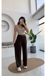 Çift Pile Detay Kemerli Örme Pantolon - Acı Kahve