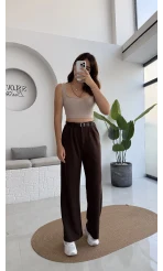Çift Pile Detay Kemerli Örme Pantolon - Acı Kahve