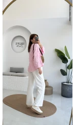 Çift Pile Detay Kemerli Örme Pantolon - Beyaz