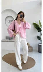 Çift Pile Detay Kemerli Örme Pantolon - Beyaz