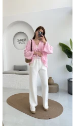 Çift Pile Detay Kemerli Örme Pantolon - Beyaz