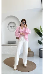 Çift Pile Detay Kemerli Örme Pantolon - Beyaz