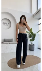 Çift Pile Detay Kemerli Örme Pantolon - Lacivert