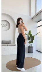 Çift Pile Detay Kemerli Örme Pantolon - Lacivert