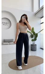 Çift Pile Detay Kemerli Örme Pantolon - Lacivert