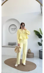 Çift Pile Detay Kemerli Örme Pantolon - Sarı