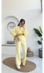 Çift Pile Detay Kemerli Örme Pantolon - Sarı