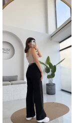 Çift Pile Detay Kemerli Örme Pantolon - Siyah