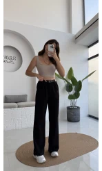 Çift Pile Detay Kemerli Örme Pantolon - Siyah