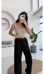 Çift Pile Detay Kemerli Örme Pantolon - Siyah